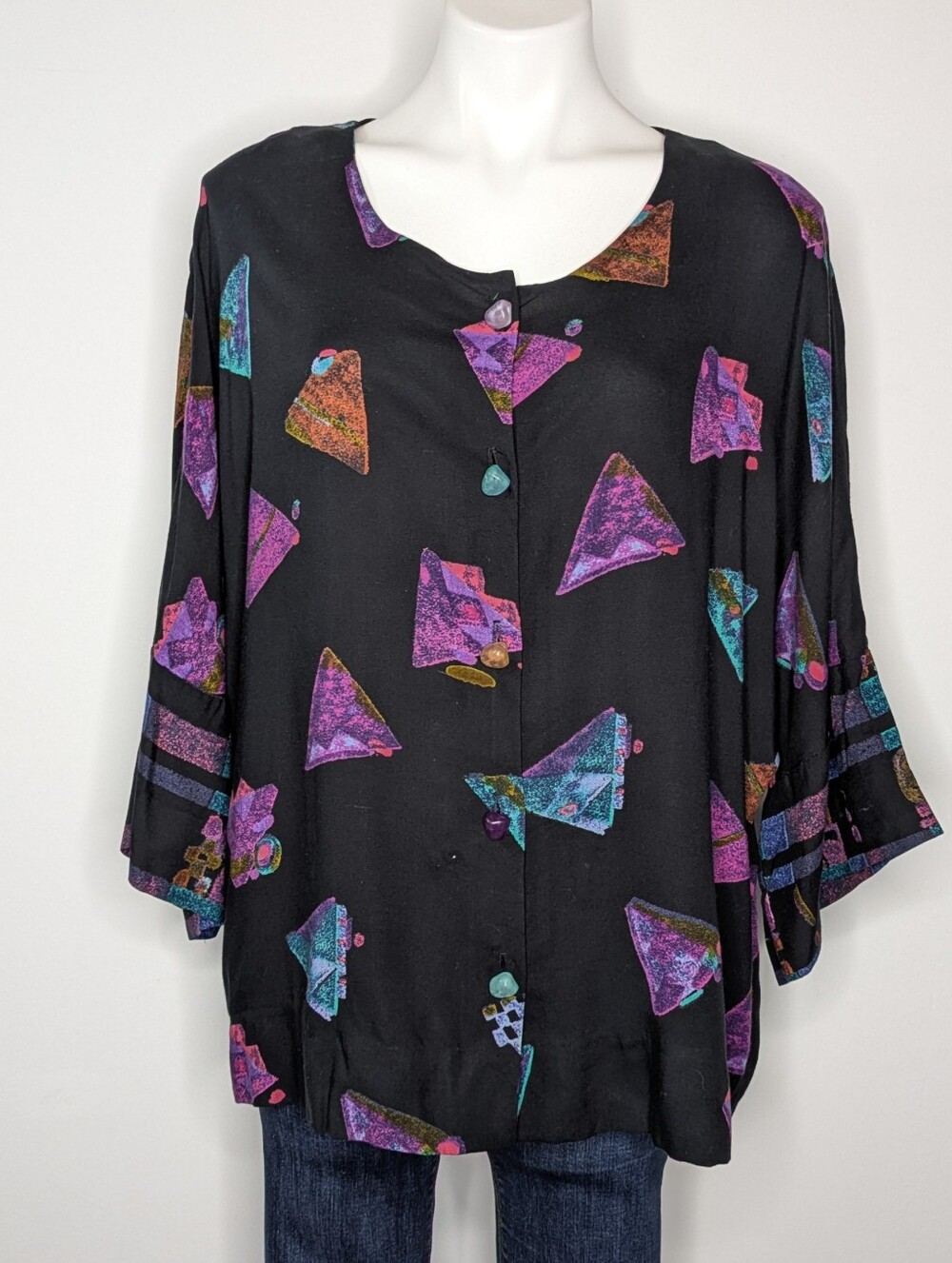 Vintage Black Purple Blue Abstract Geometric Button Up Blouse XL